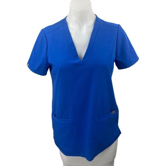 Figs Women's Blue Short Sleeve V Neck Pocket Medical Scrub T Shirt Top Size XS - Picture 1 of 3